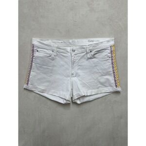 Gap 1969 White Denim Shorts Women 33 Embroidered Side Stripe Cuffed Boho